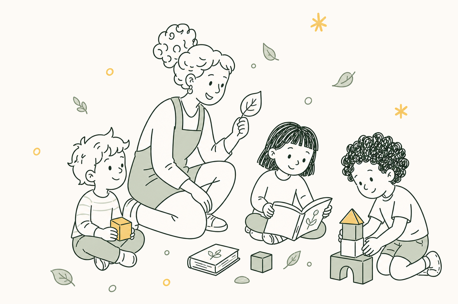 An educator reading and playing with young children